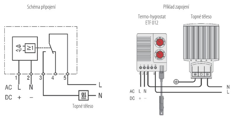 Příklad zapojení elektronického termo-hygrostatu ETF 012