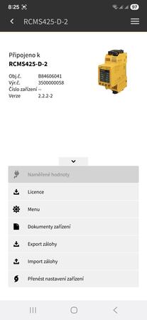 Bender Connect App - menu exportu a importu